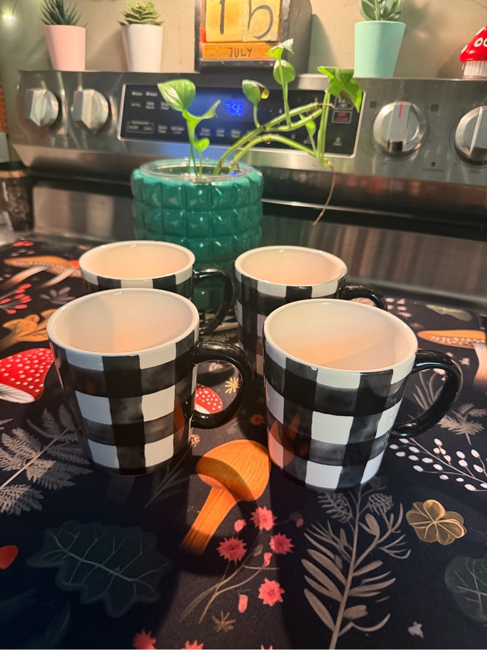 Kirklands Black and White Checkered Ceramic Mugs - Set of 4